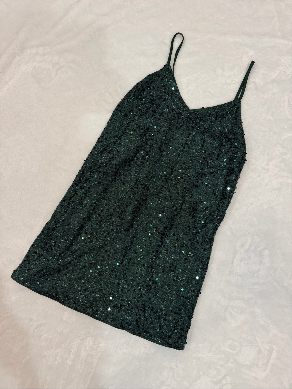 Sequin V-Neck Spaghetti Strap Dress - Dark Green